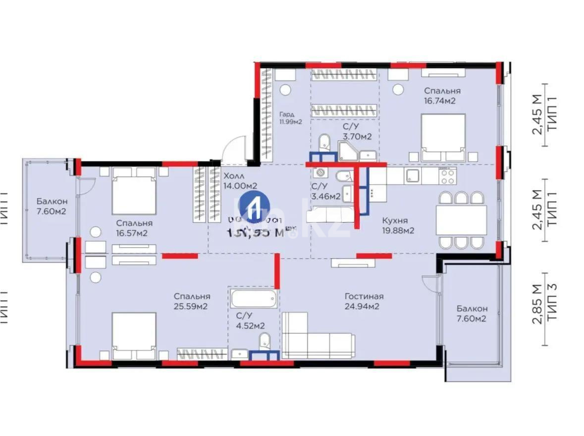 Продажа 4-комнатной квартиры, 151.95 м², ул. Култобе, дом  1/22 - Продажа и аренда недвижимости в Алматы фото 1 из 1