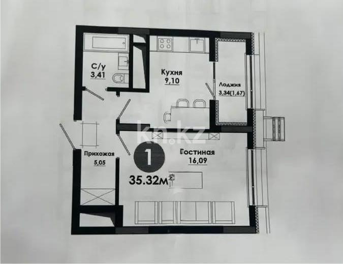 Продажа 1-комнатной квартиры, 35.32 м² в Астане