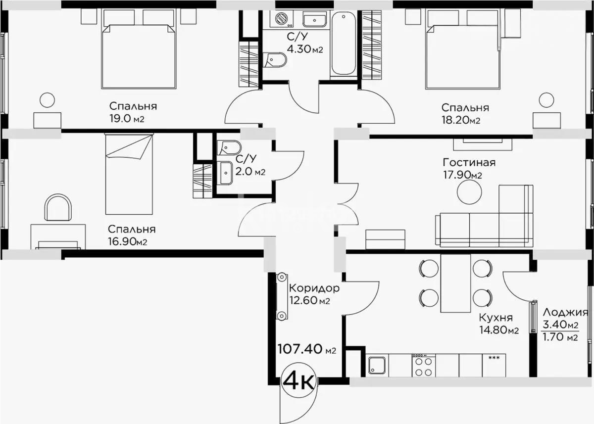 Продажа 4-комнатной квартиры, 107.4 м² - Продажа четырехкомнатных квартир от собственников в Казахстане фото 1 из 1