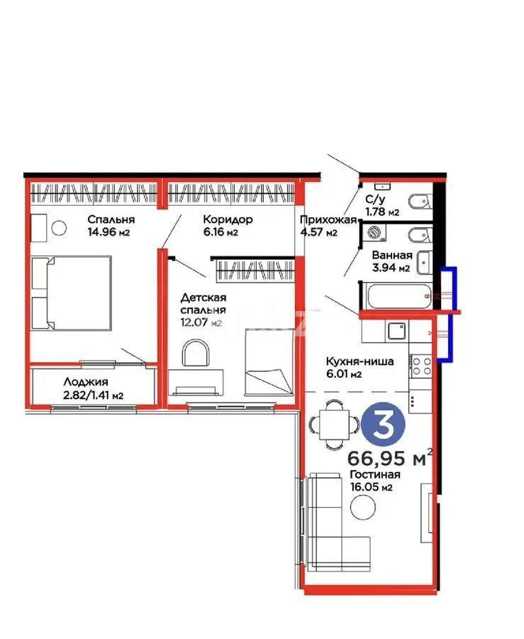 Продажа 3-комнатной квартиры, 67 м² в Астане