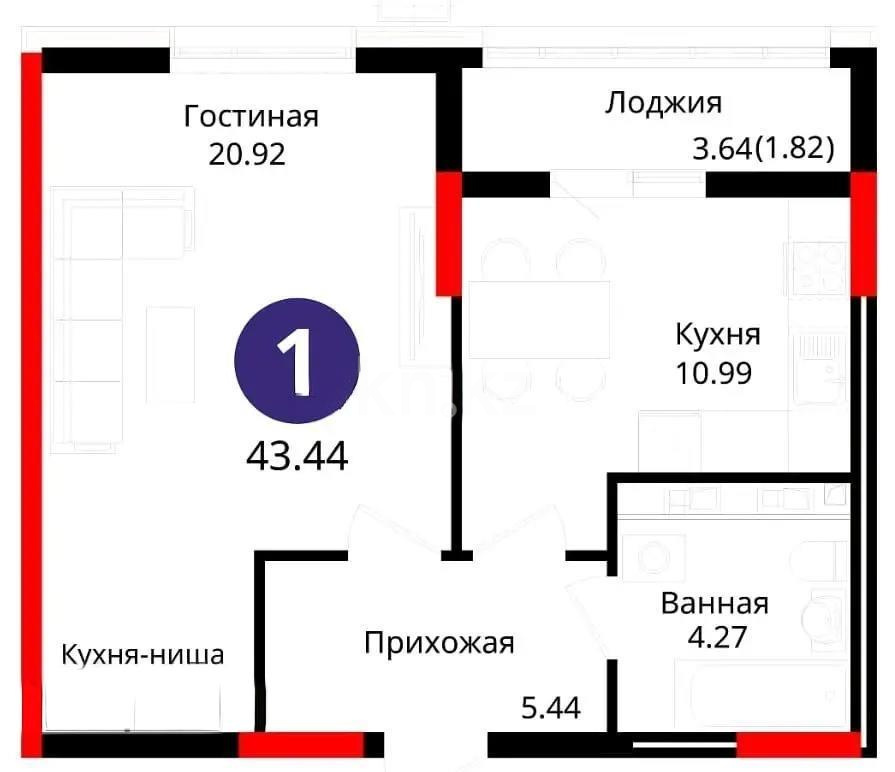 Продажа 2-комнатной квартиры, 43.44 м², ул. Е-429, дом  14 - Продажа  двухкомнатных квартир в новостройках Астаны без посредников фото 1 из 1