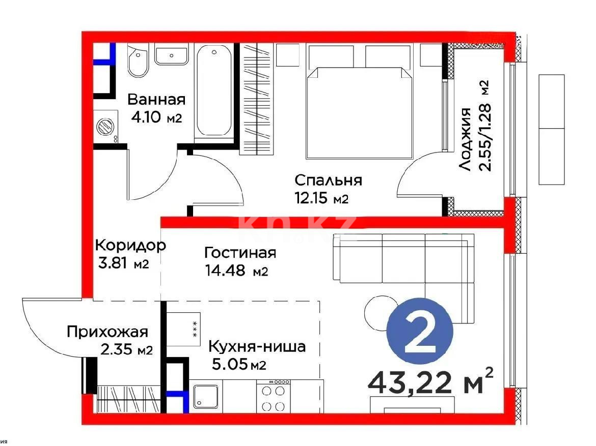 Продажа 2-комнатной квартиры, 43.22 м² в Алматы - фото 4