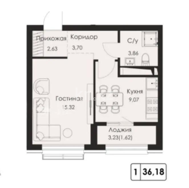 Продажа 1-комнатной квартиры, 36.12 м² - Продажа однокомнатных квартир в монолитно-каркасном доме в Алматы - страница 3 фото 1 из 1