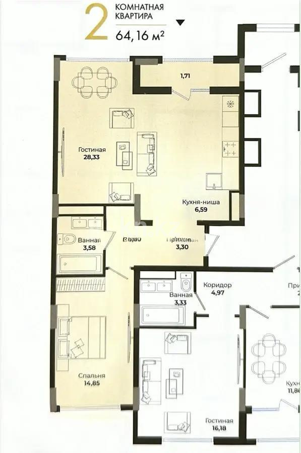 Продажа 2-комнатной квартиры, 64.16 м², ул. Сыганак, дом  4 стр - Продажа  двухкомнатных квартир в новостройках Астаны с фото фото 1 из 1