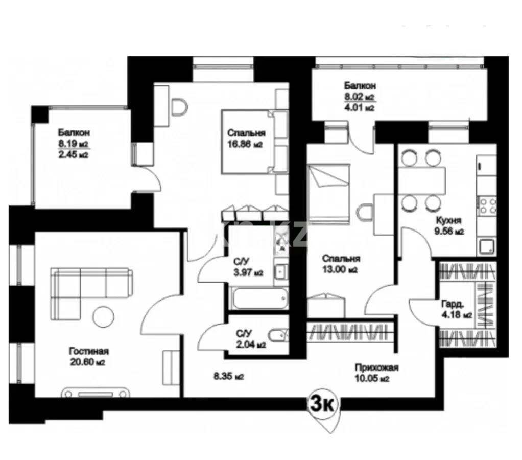 Продажа 3-комнатной квартиры, 96 м², ул. Жангельдина, дом  14 стр в Астане