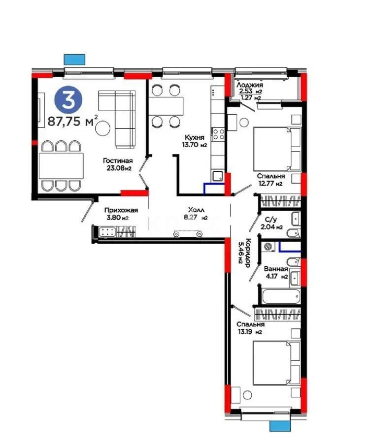Продажа 3-комнатной квартиры, 87.75 м², ул. Е-321, дом  6/2 - Продажа квартир в новостройках Астаны без посредников фото 1 из 1