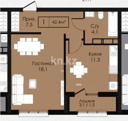 Продажа 1-комнатной квартиры, 42.9 м² в Астане - фото 2