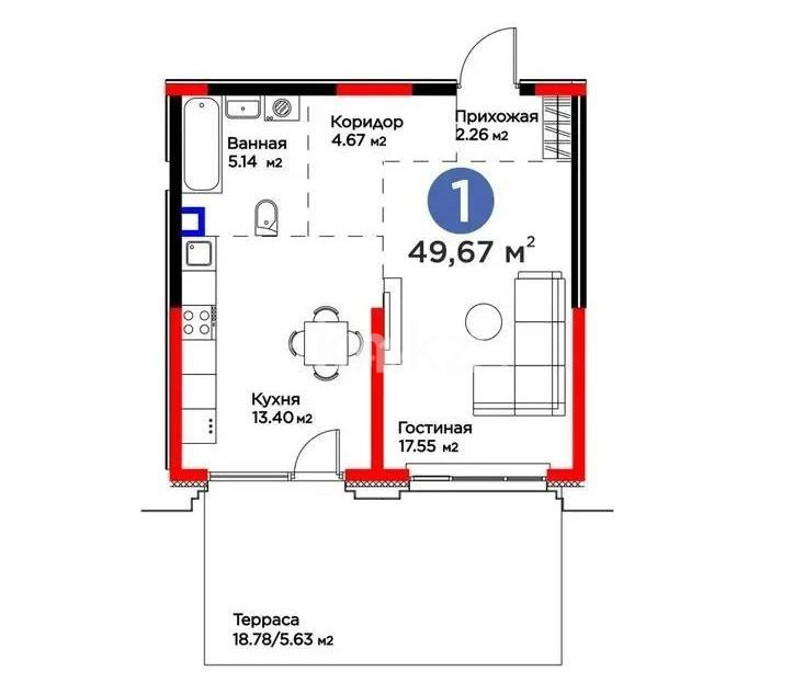 Продажа 1-комнатной квартиры, 49.67 м² - Продажа однокомнатных квартир в монолитно-каркасном доме в Алматы - страница 5 фото 2 из 2