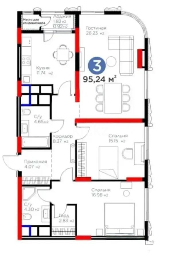 Продажа 3-комнатной квартиры, 95 м² - Продажа трехкомнатных квартир в блочном доме в Астане - страница 4 фото 2 из 2