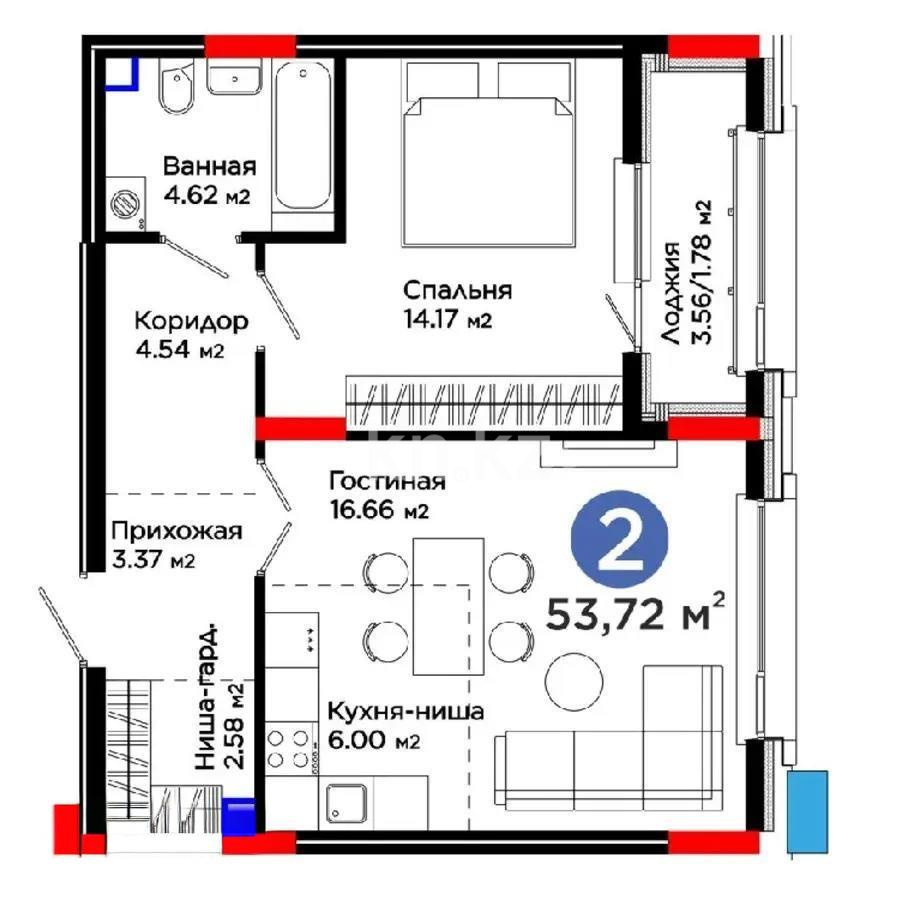 Продажа 2-комнатной квартиры, 53.72 м², ул. Е-899, дом  3 - Продажа  двухкомнатных квартир в новостройках Астаны с фото фото 1 из 1