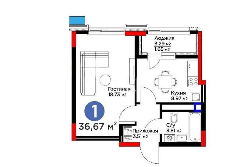 Продажа 1-комнатной квартиры, 36.67 м² в Астане