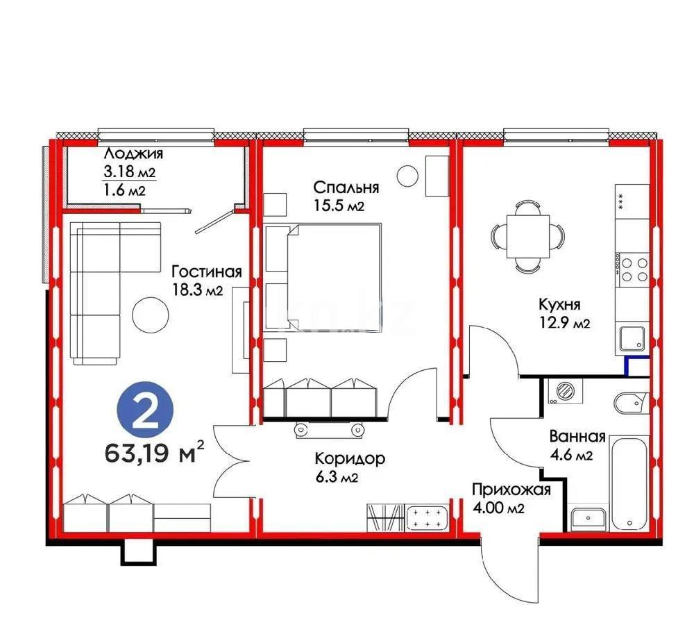 Продажа 2-комнатной квартиры, 62 м² - Продажа квартир в р-не Нура Астаны - страница 2 фото 3 из 3