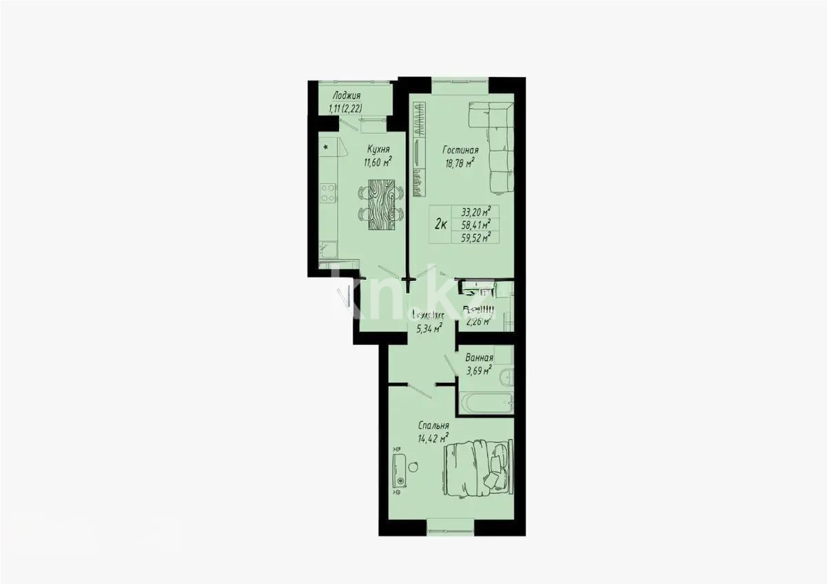 Продажа 2-комнатной квартиры, 59.52 м² в Астане