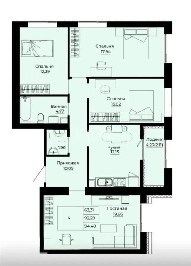 Продажа 4-комнатной квартиры, 94.8 м² - Продажа четырехкомнатных квартир от собственников в Казахстане фото 1 из 1