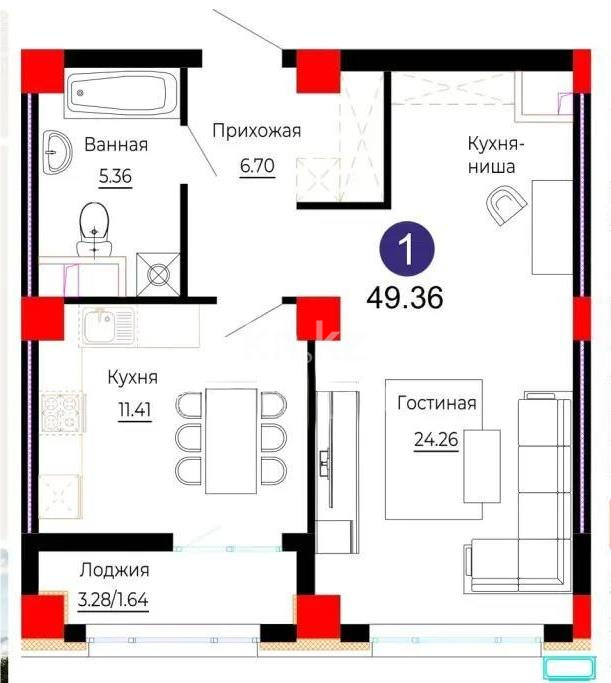 Продажа 2-комнатной квартиры, 49.3 м² в Астане