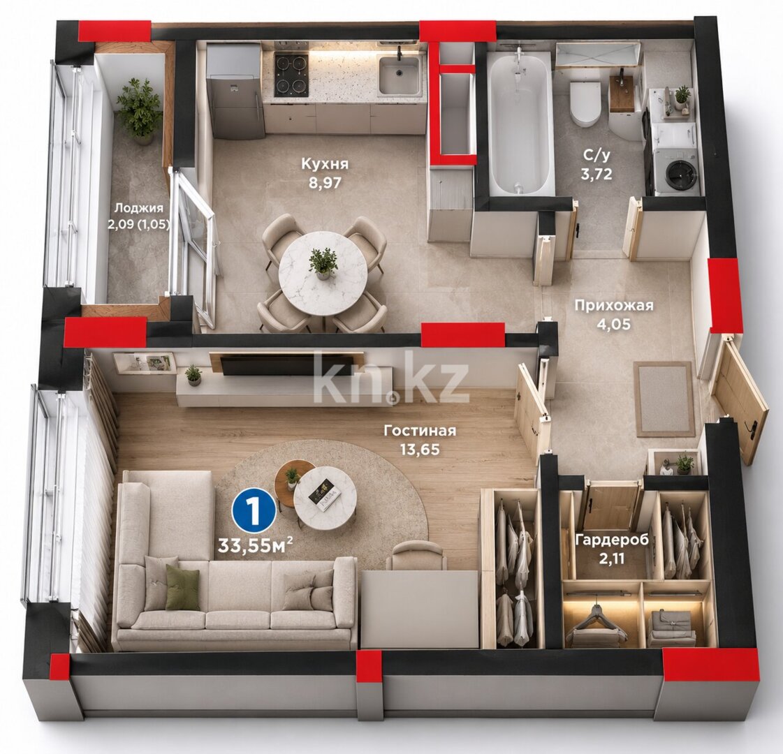 Продажа 1-комнатной квартиры, 33.55 м² в Астане