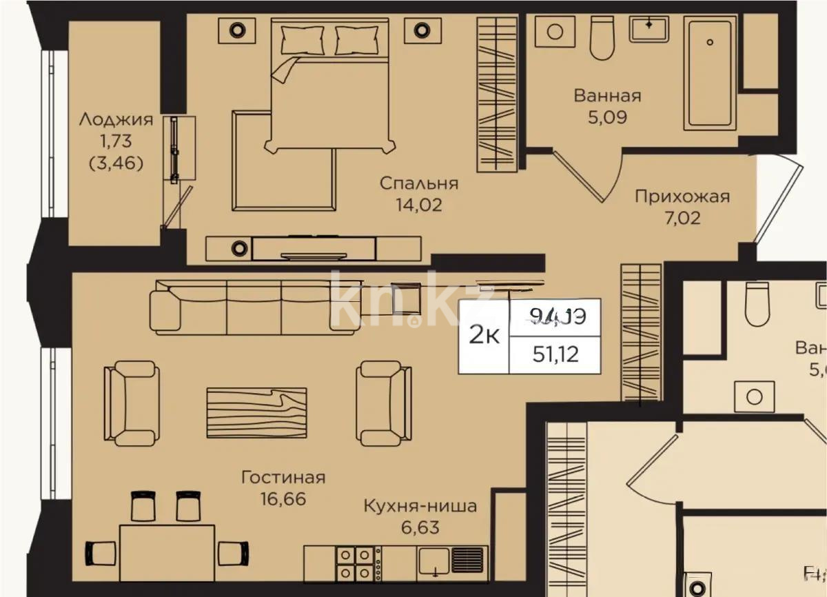 Продажа 2-комнатной квартиры, 51.12 м², пр. Кошкарбаева, дом  1 стр - Продажа квартир в Астане фото 1 из 1