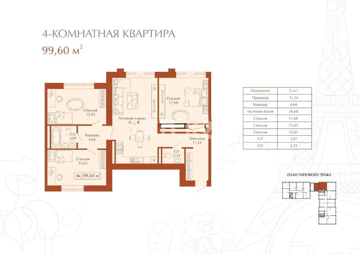 Продажа 4-комнатной квартиры, 99 м² - Продажа  четырехкомнатных квартир в Караганде - страница 3 фото 1 из 1