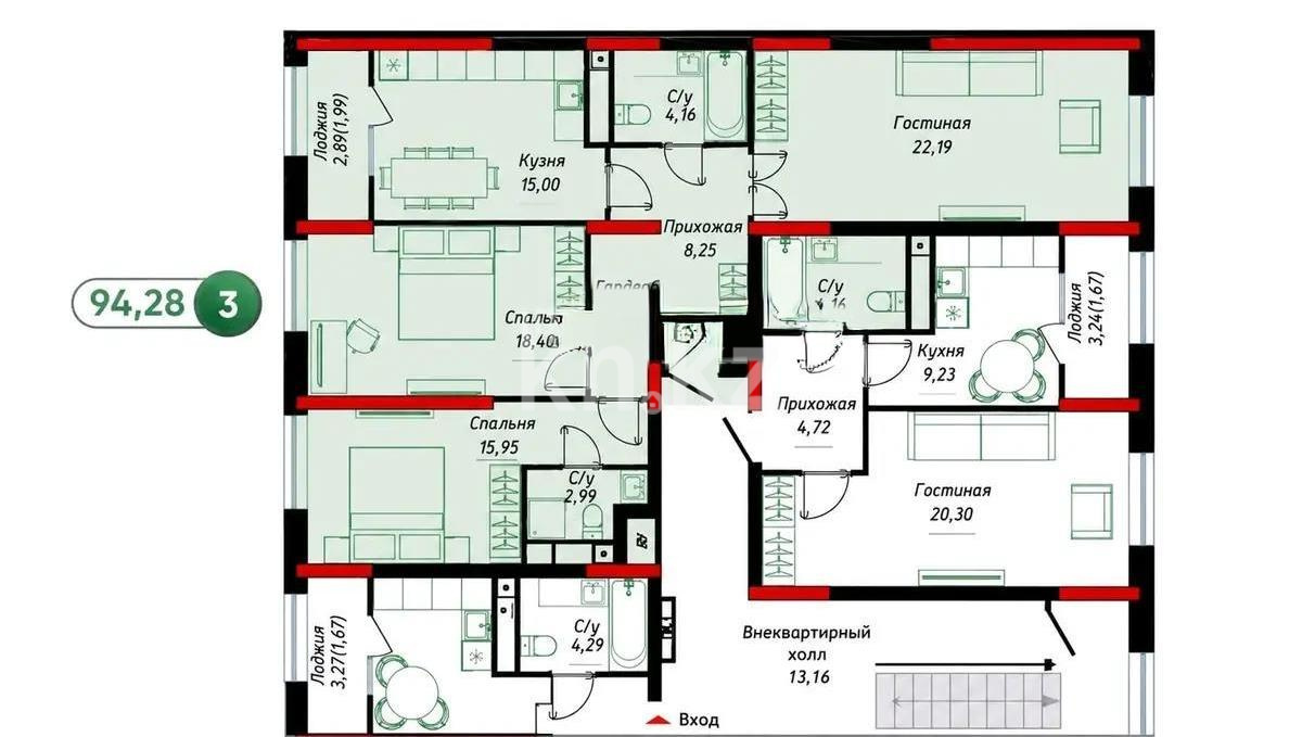 Продажа 3-комнатной квартиры, 94.3 м² в Астане