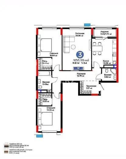 Продажа 3-комнатной квартиры, 106.19 м², ул. Рыскулова, дом  18 - Продажа  трехкомнатных квартир в Астане без посредников фото 1 из 1