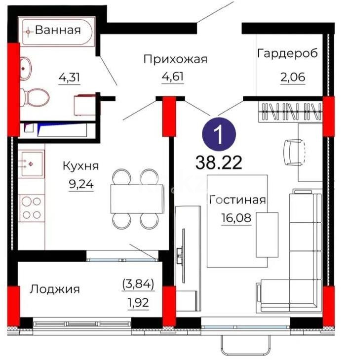 Продажа 1-комнатной квартиры, 38.8 м², ул. Казыбек би, дом  41/1 в Астане - фото 3