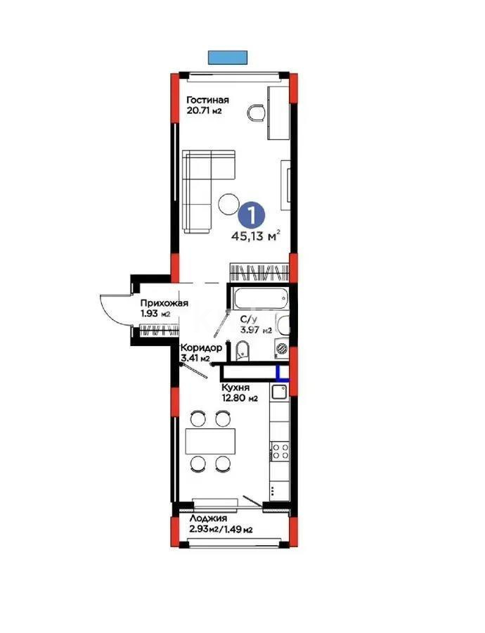 Продажа 1-комнатной квартиры, 45.13 м², пр. Туран, дом  57д в Астане