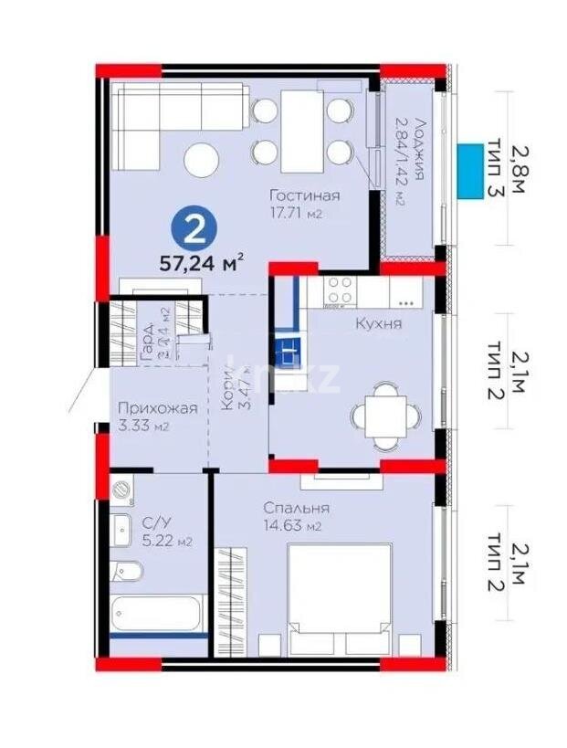 Продажа 2-комнатной квартиры, 57.24 м² в Астане