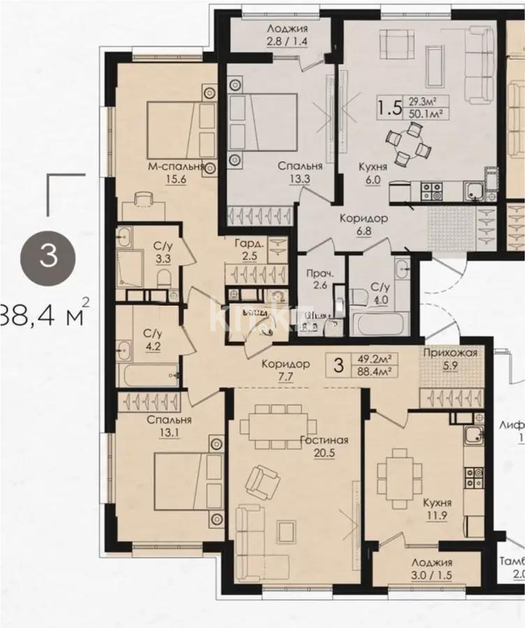 Продажа 3-комнатной квартиры, 88.8 м², пр. Тауелсыздык, дом  38/4 стр - Продажа квартир в Астане фото 1 из 1