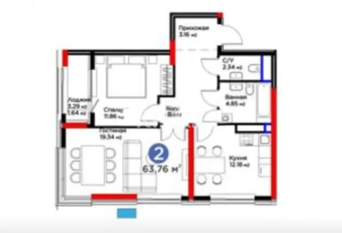 Продажа 2-комнатной квартиры, 63.76 м², ул. Бухар жырау, дом  33 в Астане