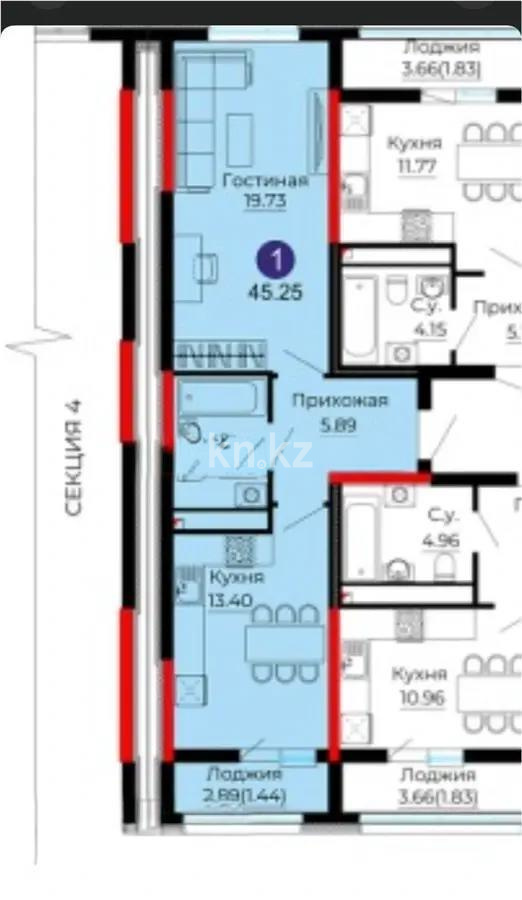 Продажа 2-комнатной квартиры, 44.9 м², ул. Е-429, дом  14 в Астане