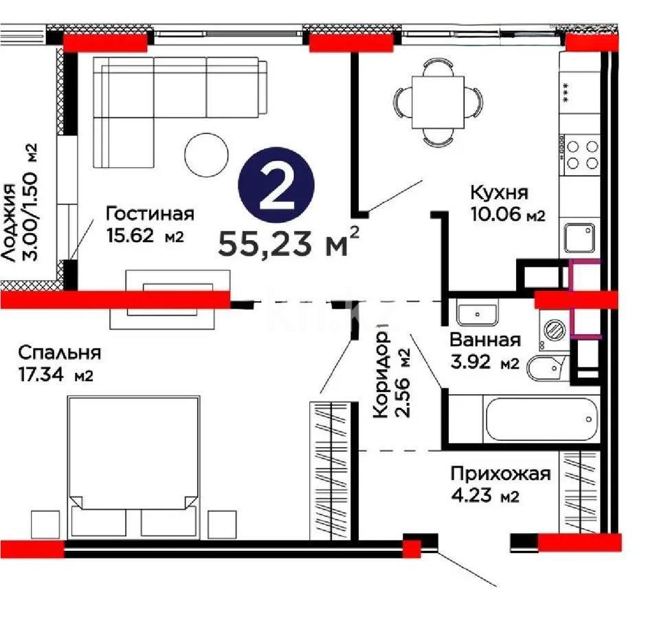 Продажа 1-комнатной квартиры, 55.23 м², ул. Бухар жырау, дом  31/1 в Астане