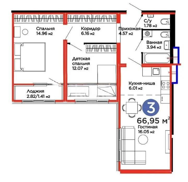 Продажа 3-комнатной квартиры, 66.95 м² в Астане
