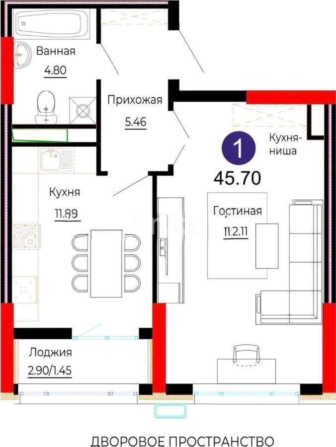 Продажа 1-комнатной квартиры, 45.7 м², ул. Е-882, дом  7 - Продажа квартир в Казахстане фото 1 из 1