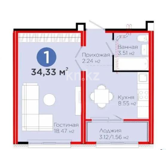 Продажа 1-комнатной квартиры, 34.33 м², ул. Толе би, дом  24 - Продажа  однокомнатных квартир в Астане без посредников с фото фото 1 из 1
