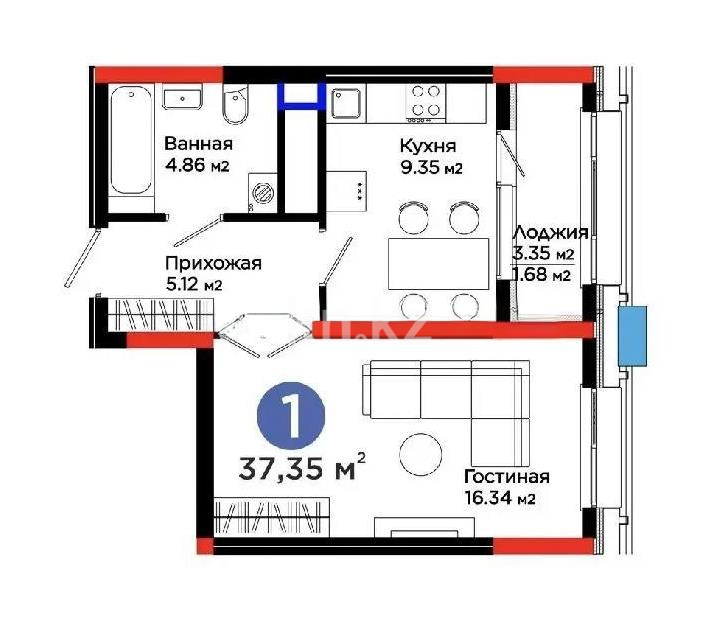 Продажа 1-комнатной квартиры, 37.35 м² в Астане