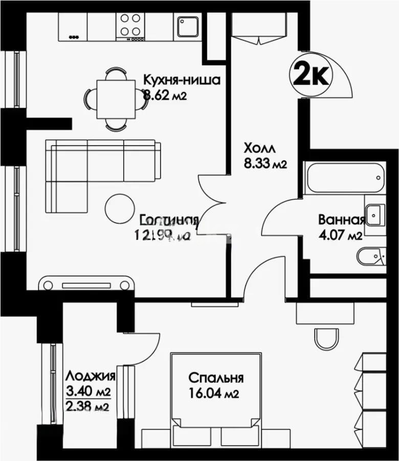 Продажа 2-комнатной квартиры, 54.5 м² в Астане