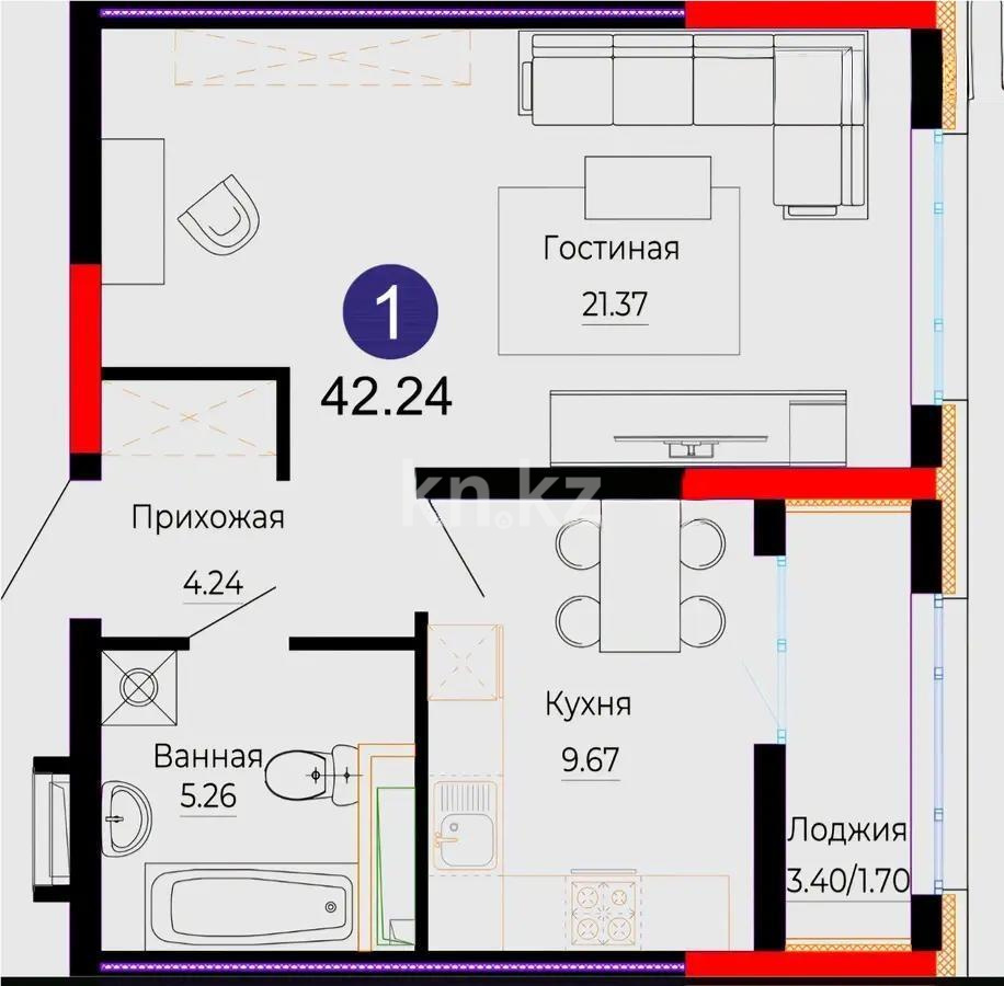 Продажа 1-комнатной квартиры, 42.24 м² в Астане