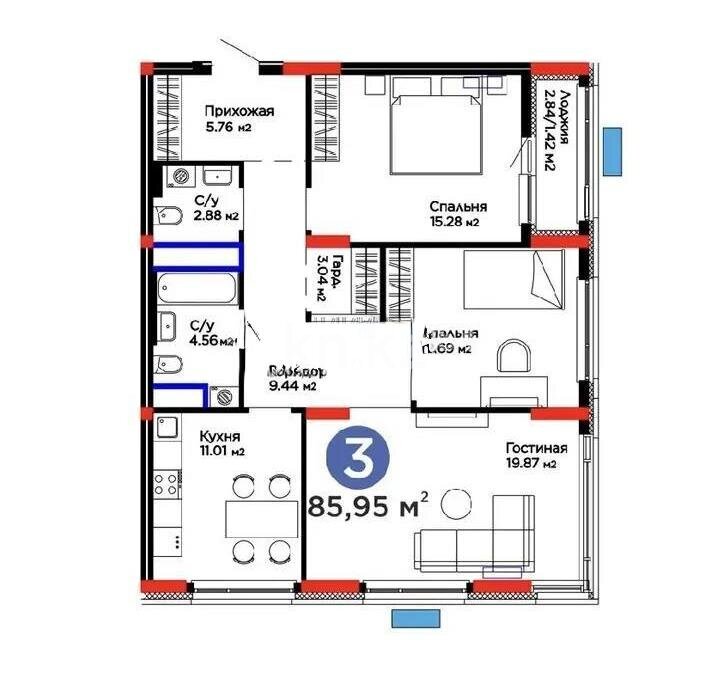 Продажа 3-комнатной квартиры, 85.95 м² в Астане