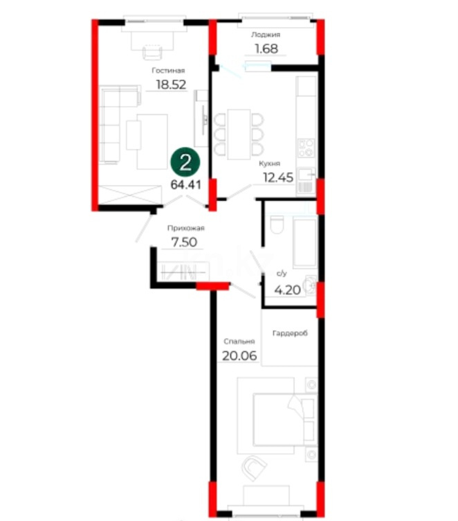 Продажа 2-комнатной квартиры, 64.41 м² - Продажа двухкомнатных квартир в монолитном доме в Астане фото 1 из 3