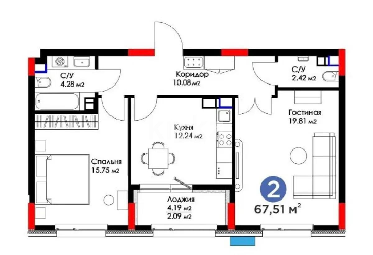 Продажа 2-комнатной квартиры, 66 м², ул. Е-900, дом  4 - Продажа  двухкомнатных квартир в Астане с фото фото 6 из 6