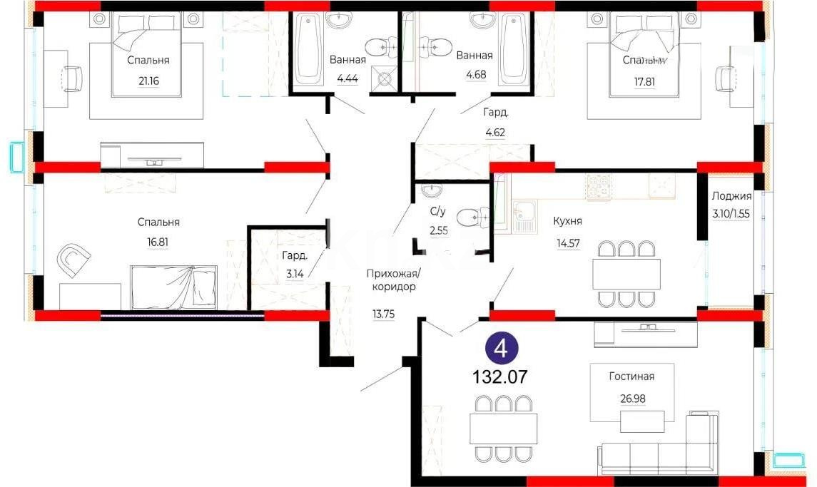 Продажа 4-комнатной квартиры, 132.07 м², ул. Е-882, дом  7 - Продажа квартир в Астане фото 1 из 1