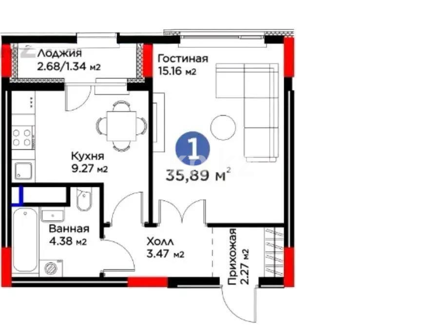 Продажа 1-комнатной квартиры, 35.89 м² в Астане