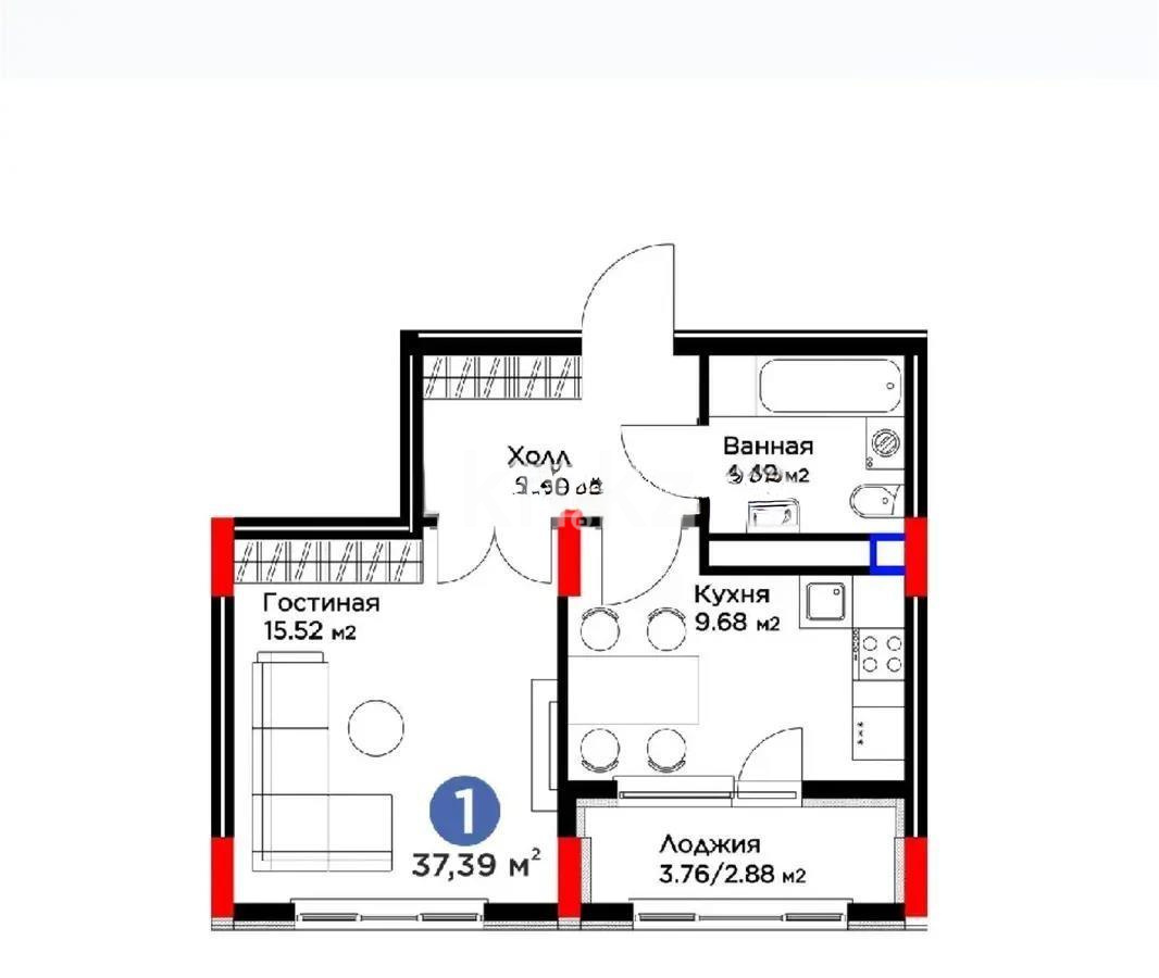 Продажа 1-комнатной квартиры, 37.39 м², ул. Е-915, дом  15 - Продажа квартир в Астане без посредников с фото фото 1 из 1
