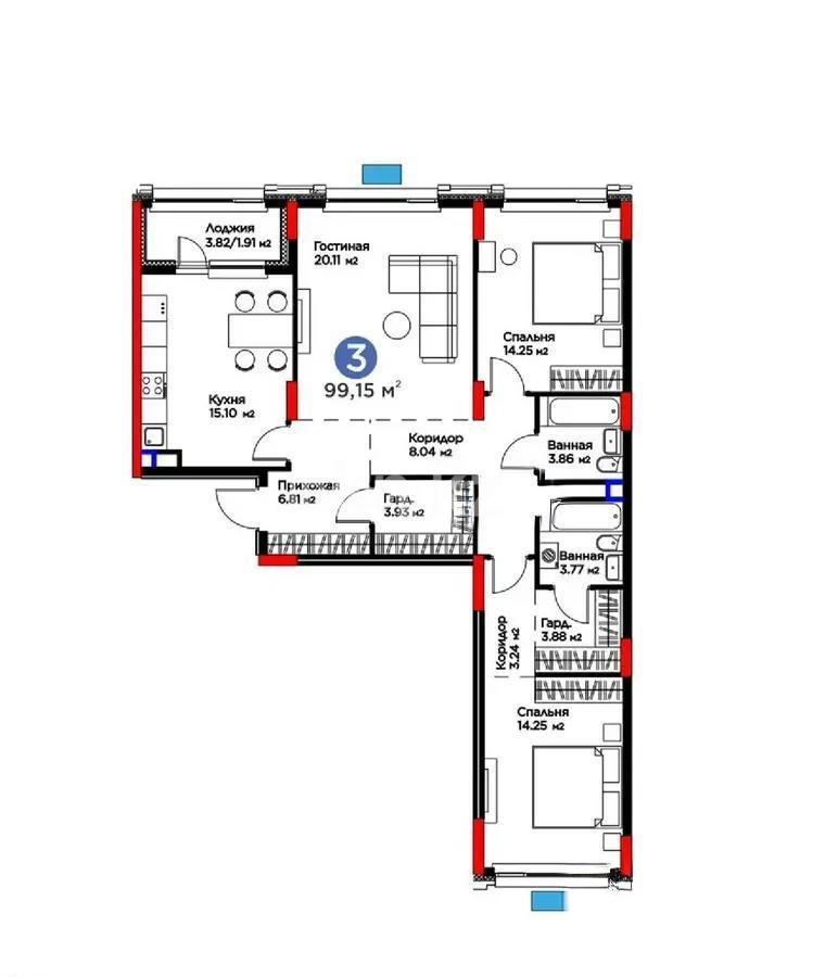 Продажа 3-комнатной квартиры, 99.15 м² - Продажа квартир от собственников в Астане фото 1 из 1