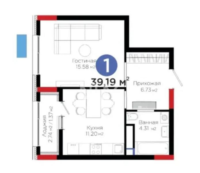 Продажа 1-комнатной квартиры, 39.19 м² в Астане