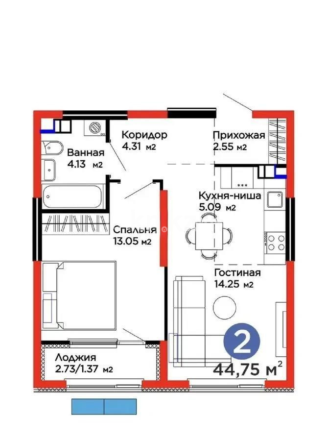 Продажа 2-комнатной квартиры, 44.75 м² в Алматы