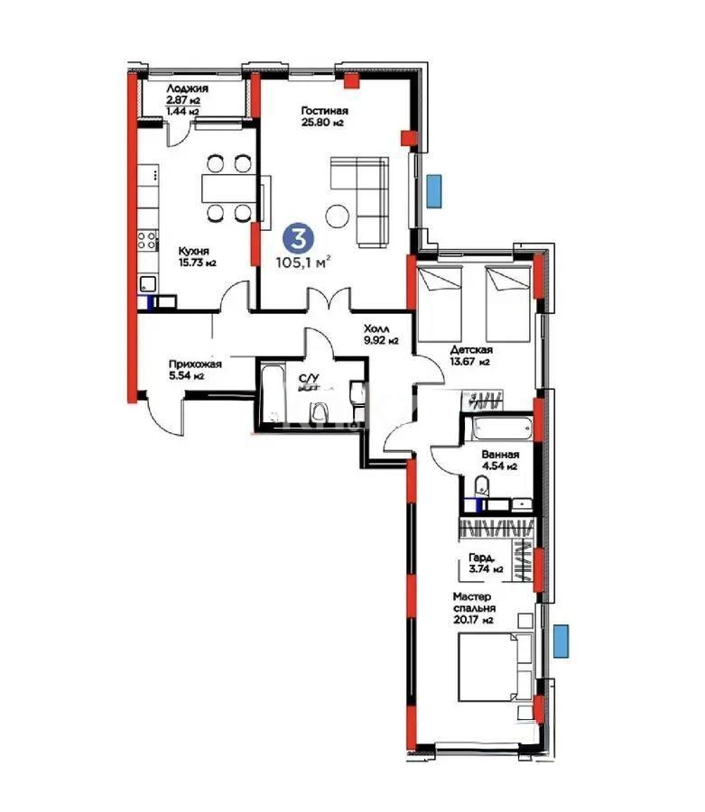 Продажа 3-комнатной квартиры, 105 м², ул. Рыскулова, дом  9 стр - Продажа  трехкомнатных квартир в новостройках Астаны без посредников фото 1 из 1