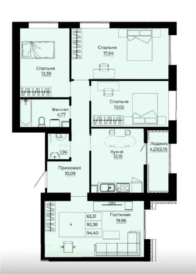 Продажа 4-комнатной квартиры, 94.8 м² в Астане