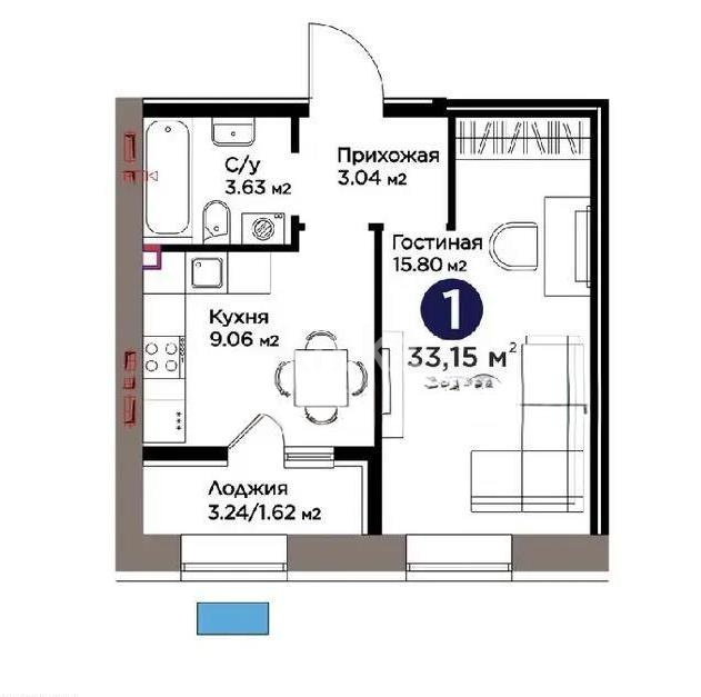 Продажа 1-комнатной квартиры, 33.15 м² в Астане