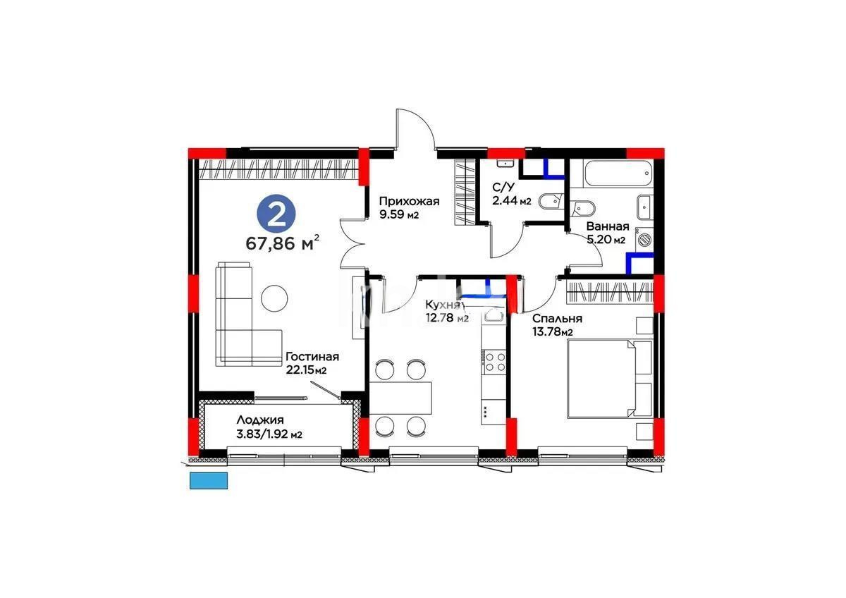 Продажа 2-комнатной квартиры, 67.86 м² в Астане